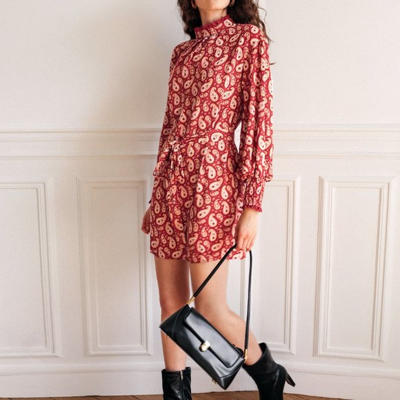 New Frenchy Paisley Print Shirred Cuff Belted Dress - Picture 3 of 8